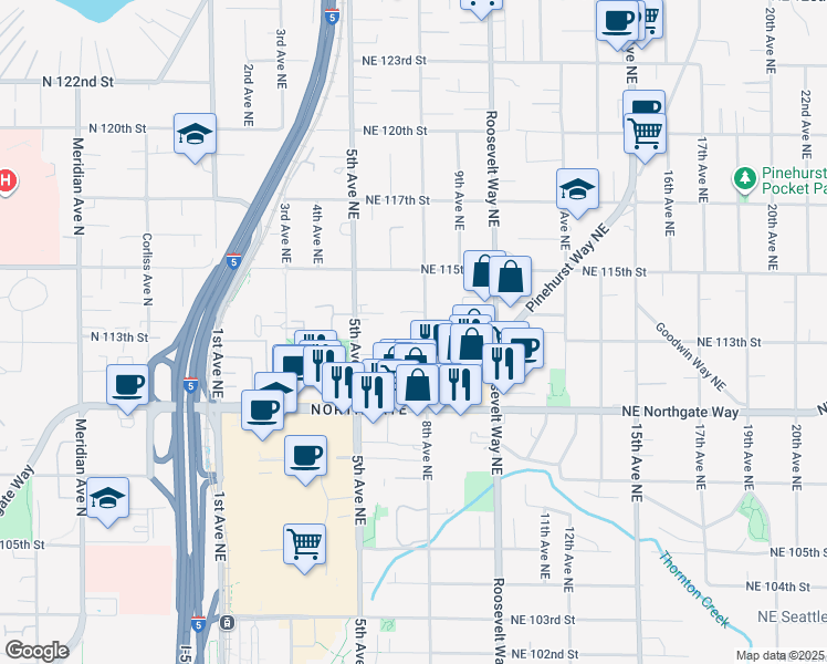 map of restaurants, bars, coffee shops, grocery stores, and more near 11147 8th Avenue Northeast in Seattle
