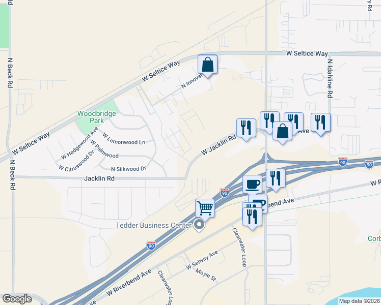 map of restaurants, bars, coffee shops, grocery stores, and more near 208 Creative Way in Post Falls