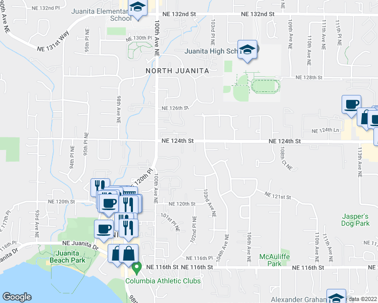 map of restaurants, bars, coffee shops, grocery stores, and more near 10213 Northeast 124th Street in Kirkland
