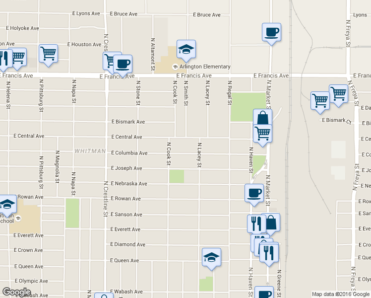 map of restaurants, bars, coffee shops, grocery stores, and more near 2603 E Columbia Ave in Spokane