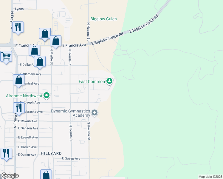 map of restaurants, bars, coffee shops, grocery stores, and more near 5910 North Vantage Lane in Spokane