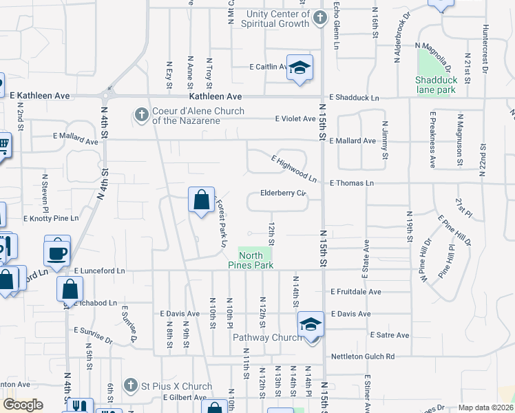 map of restaurants, bars, coffee shops, grocery stores, and more near 1250 Elderberry Circle in Coeur d'Alene