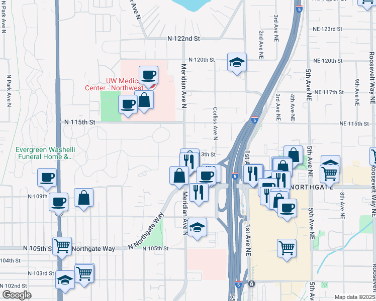map of restaurants, bars, coffee shops, grocery stores, and more near 11302 Meridian Avenue North in Seattle
