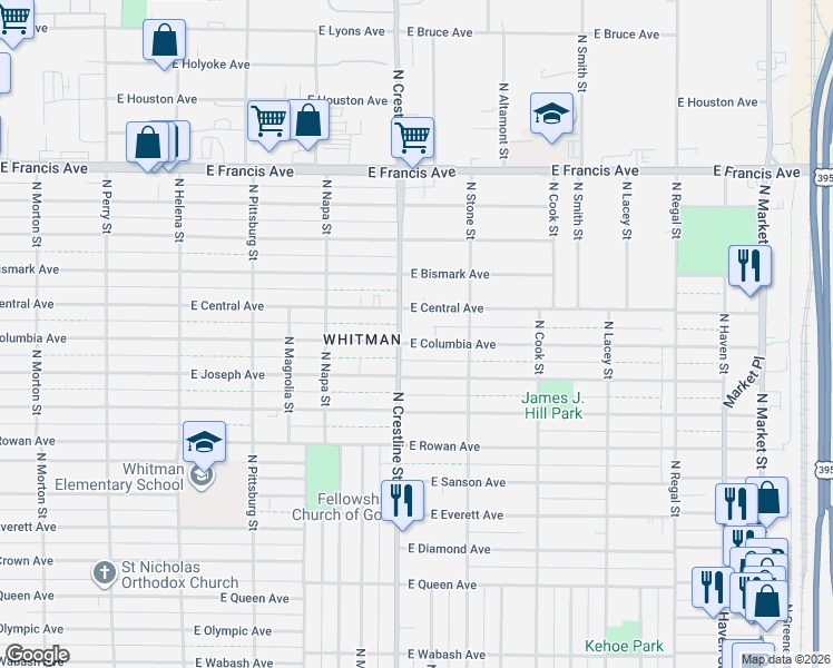 map of restaurants, bars, coffee shops, grocery stores, and more near 2115 East Columbia Avenue in Spokane
