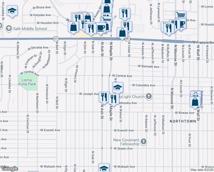map of restaurants, bars, coffee shops, grocery stores, and more near 5714 North Maple Street in Spokane