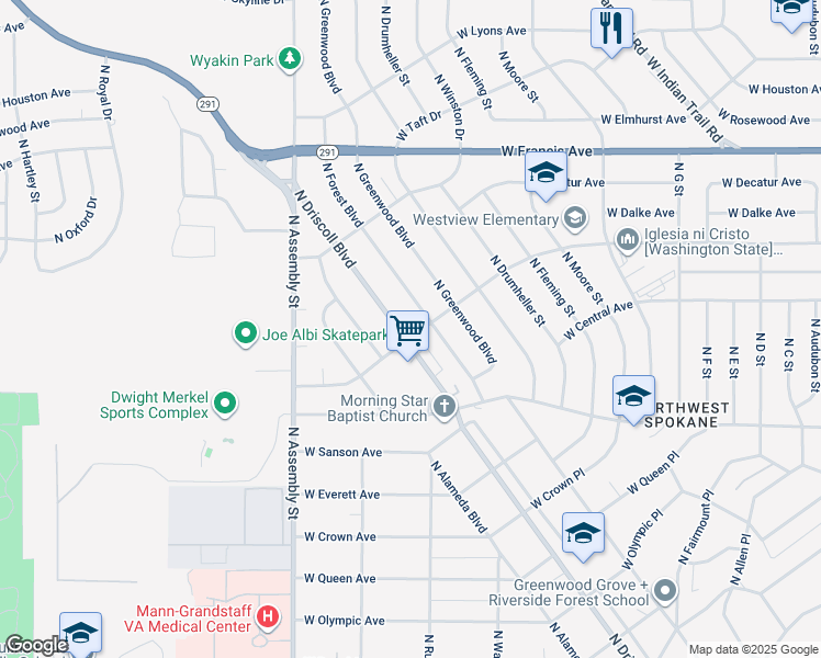 map of restaurants, bars, coffee shops, grocery stores, and more near 5702 N Driscoll Blvd in Spokane