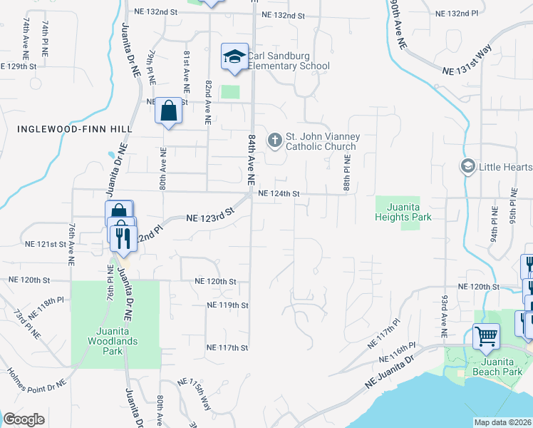 map of restaurants, bars, coffee shops, grocery stores, and more near 8426 Northeast 122nd Place in Kirkland