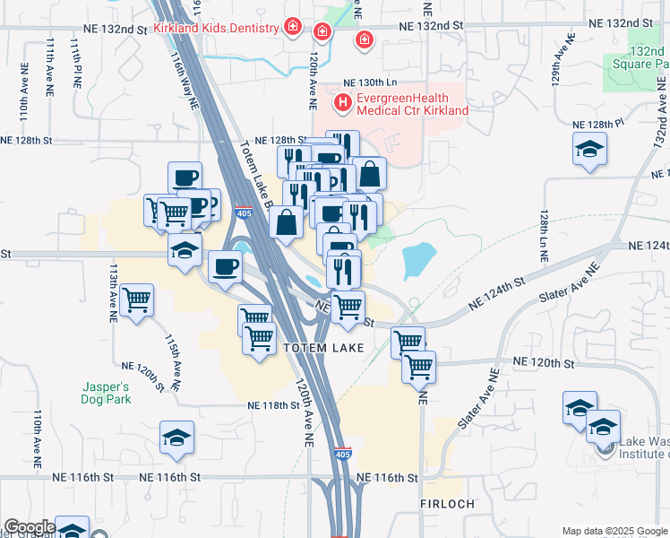 map of restaurants, bars, coffee shops, grocery stores, and more near 12502 Totem Lake Boulevard Northeast in Kirkland