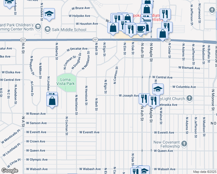 map of restaurants, bars, coffee shops, grocery stores, and more near 5717 North Cannon Street in Spokane