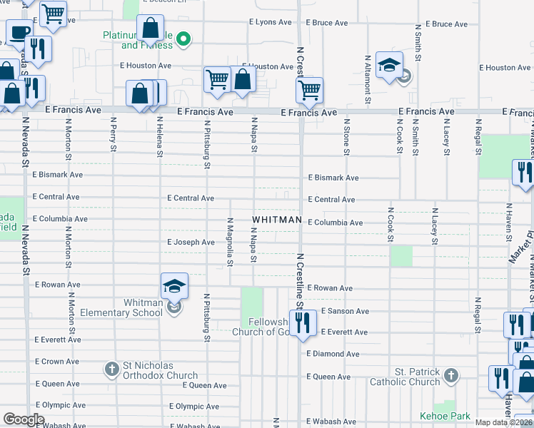 map of restaurants, bars, coffee shops, grocery stores, and more near 1913 East Columbia Avenue in Spokane