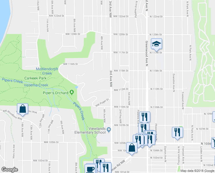 map of restaurants, bars, coffee shops, grocery stores, and more near 302 Northwest 112th Street in Seattle