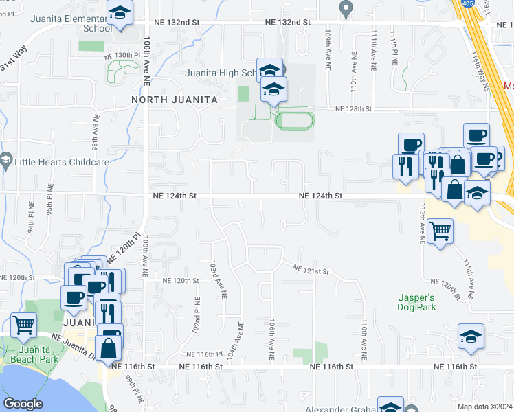 map of restaurants, bars, coffee shops, grocery stores, and more near 12393 105th Place Northeast in Kirkland