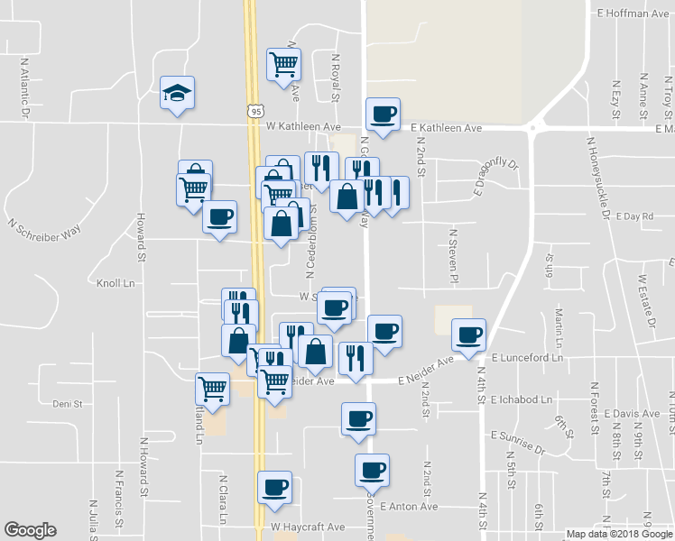 map of restaurants, bars, coffee shops, grocery stores, and more near 3621 North Government Way in Coeur d'Alene