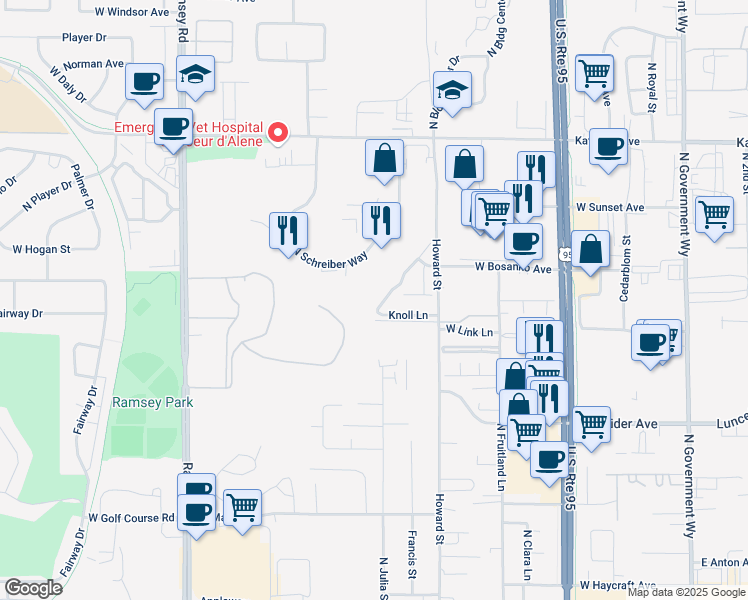 map of restaurants, bars, coffee shops, grocery stores, and more near 4363 North Meadow Ranch Avenue in Coeur d'Alene