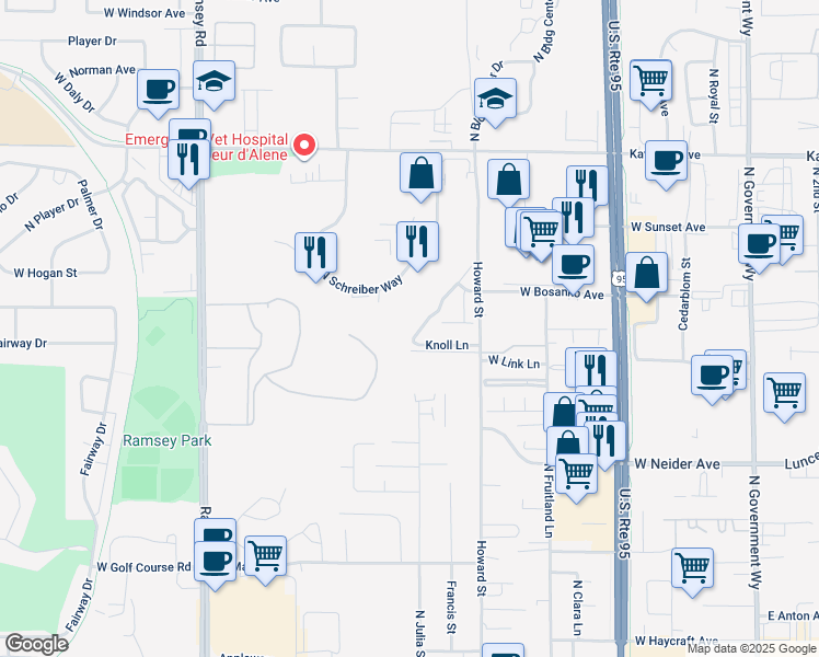 map of restaurants, bars, coffee shops, grocery stores, and more near 4363 North Meadow Ranch Avenue in Coeur d'Alene