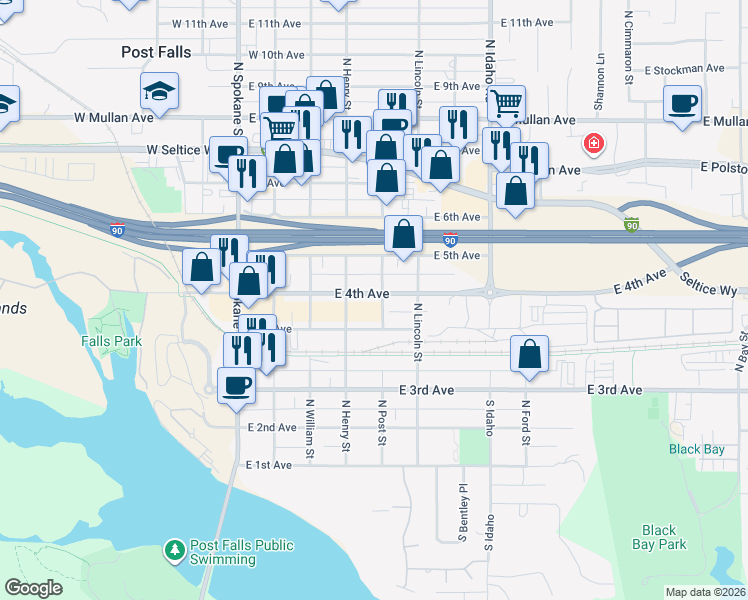 map of restaurants, bars, coffee shops, grocery stores, and more near 503 Railroad Avenue in Post Falls