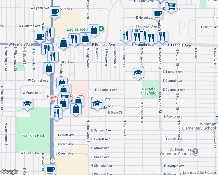 map of restaurants, bars, coffee shops, grocery stores, and more near 432 East Columbia Avenue in Spokane
