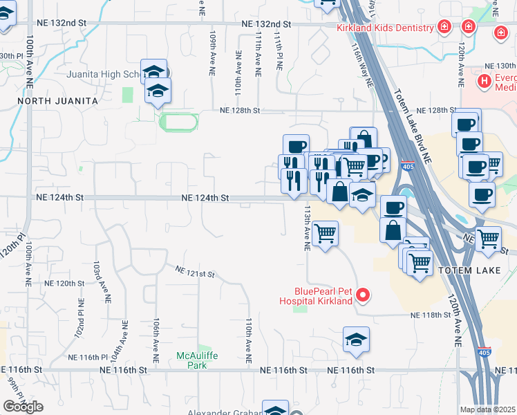 map of restaurants, bars, coffee shops, grocery stores, and more near 11125 Northeast 123rd Lane in Kirkland