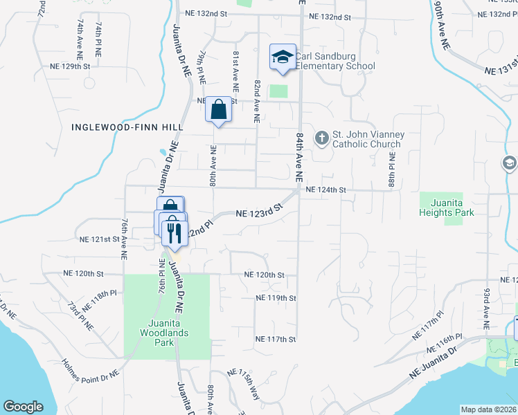 map of restaurants, bars, coffee shops, grocery stores, and more near 8212 Northeast 122nd Place in Kirkland