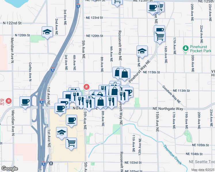 map of restaurants, bars, coffee shops, grocery stores, and more near 11147 8th Avenue Northeast in Seattle