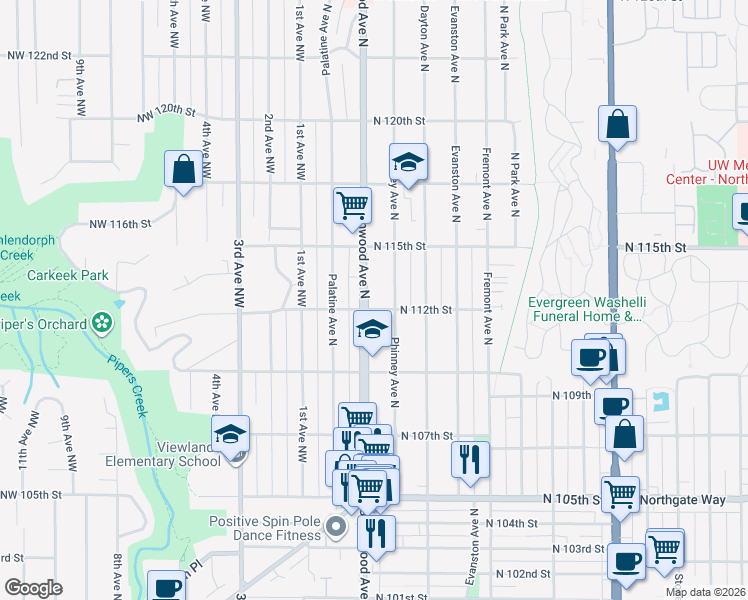 map of restaurants, bars, coffee shops, grocery stores, and more near 11200 Greenwood Avenue North in Seattle