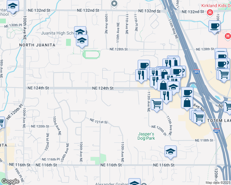 map of restaurants, bars, coffee shops, grocery stores, and more near 10915 Northeast 123rd Lane in Kirkland
