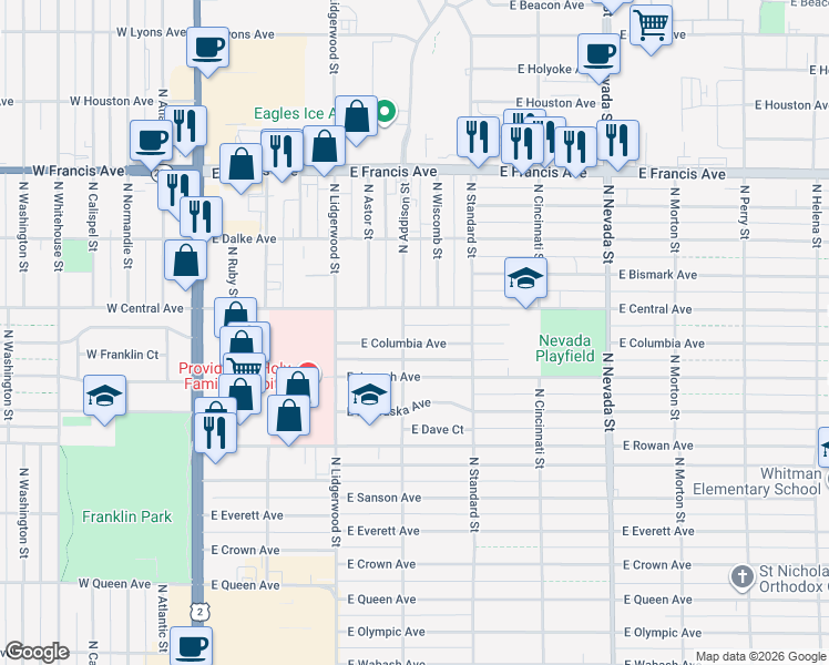 map of restaurants, bars, coffee shops, grocery stores, and more near 432 East Columbia Avenue in Spokane