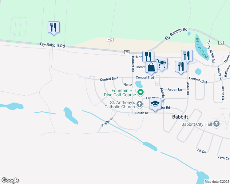 map of restaurants, bars, coffee shops, grocery stores, and more near 28 Ivy Boulevard in Babbitt