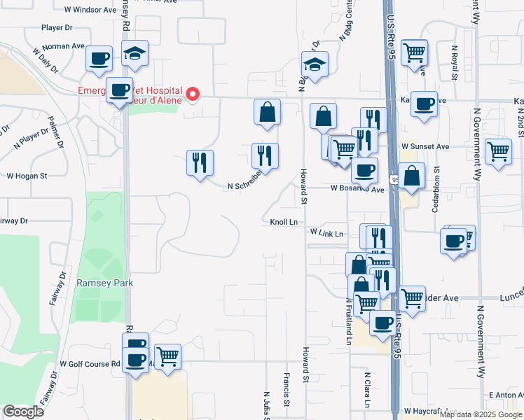 map of restaurants, bars, coffee shops, grocery stores, and more near 4367 North Meadow Ranch Avenue in Coeur d'Alene