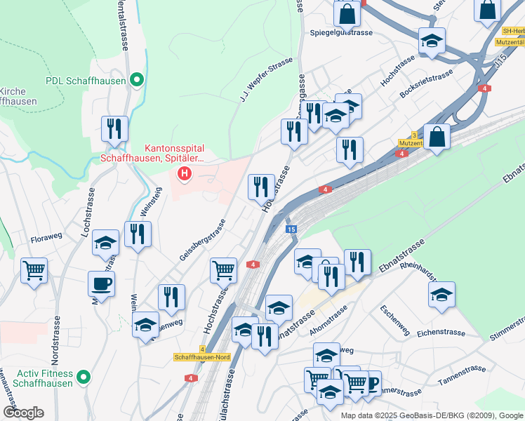 map of restaurants, bars, coffee shops, grocery stores, and more near 201 Hochstrasse in Schaffhausen