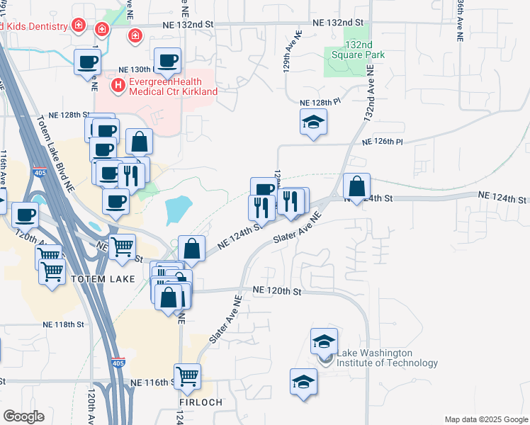 map of restaurants, bars, coffee shops, grocery stores, and more near 12700 Northeast 124th Street in Kirkland