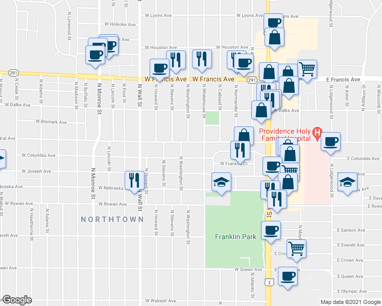 map of restaurants, bars, coffee shops, grocery stores, and more near 333 West Columbia Avenue in Spokane