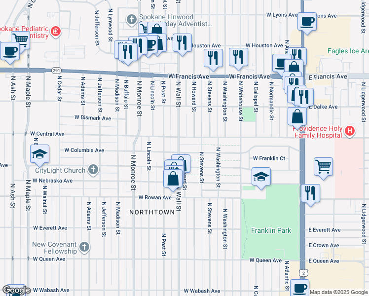 map of restaurants, bars, coffee shops, grocery stores, and more near 5724 North Wall Street in Spokane