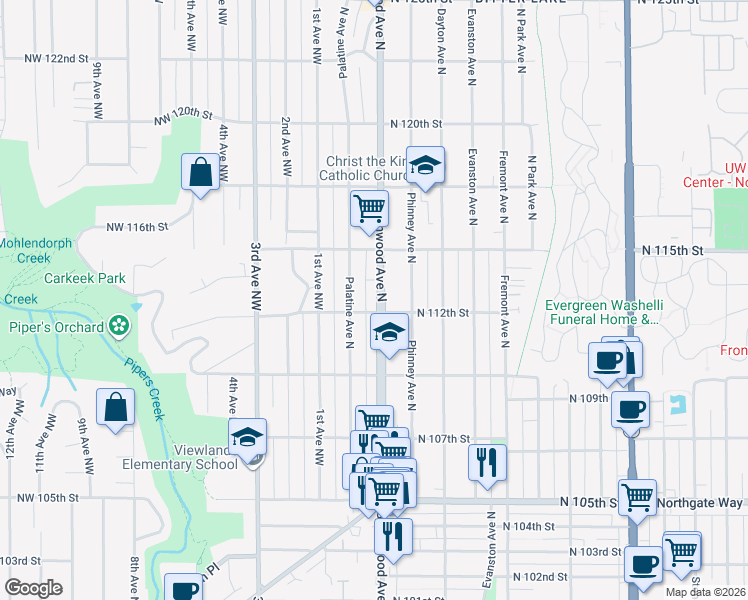 map of restaurants, bars, coffee shops, grocery stores, and more near 11056 Palatine Avenue North in Seattle
