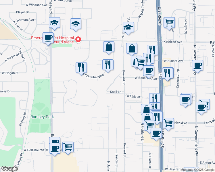 map of restaurants, bars, coffee shops, grocery stores, and more near 4373 Meadow Ranch Avenue in Coeur d'Alene