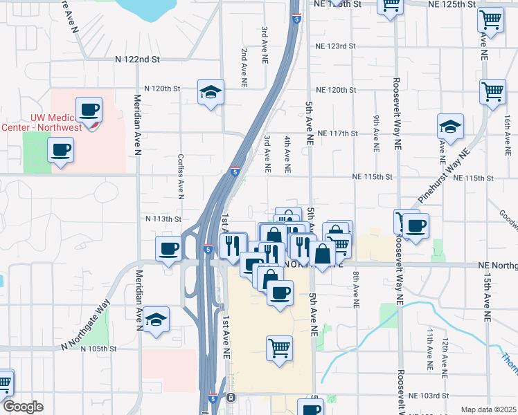 map of restaurants, bars, coffee shops, grocery stores, and more near 11301 3rd Avenue Northeast in Seattle