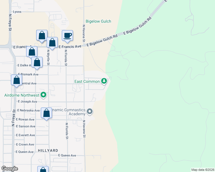 map of restaurants, bars, coffee shops, grocery stores, and more near 5910 North Vantage Lane in Spokane