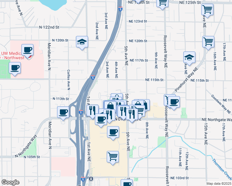 map of restaurants, bars, coffee shops, grocery stores, and more near 11300 3rd Avenue Northeast in Seattle
