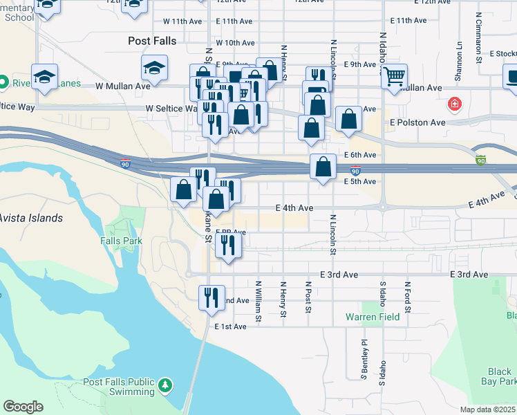 map of restaurants, bars, coffee shops, grocery stores, and more near in Post Falls