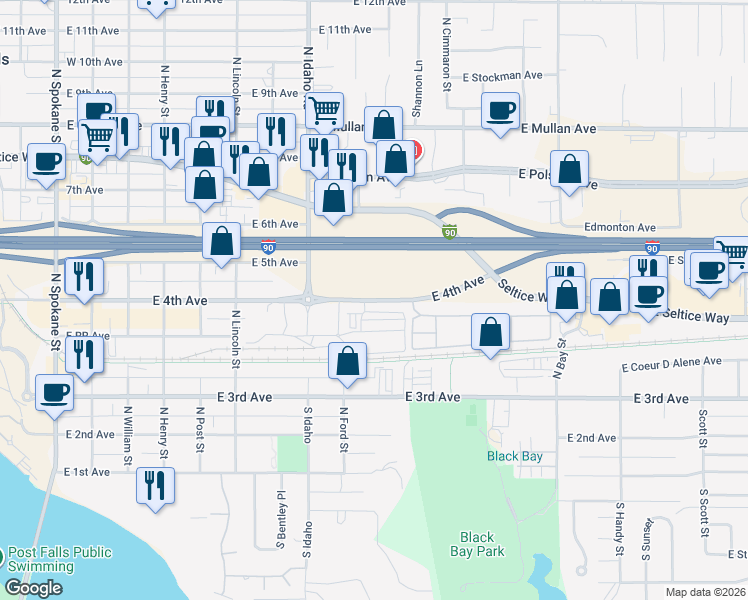 map of restaurants, bars, coffee shops, grocery stores, and more near 1118 East 4th Avenue in Post Falls