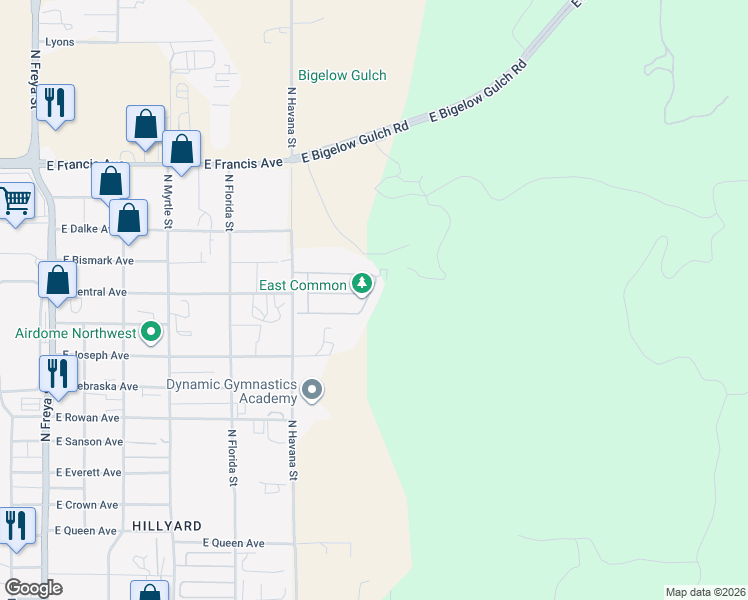 map of restaurants, bars, coffee shops, grocery stores, and more near 5910 North Vantage Lane in Spokane