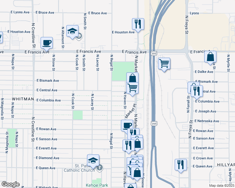 map of restaurants, bars, coffee shops, grocery stores, and more near 2911 East Columbia Avenue in Spokane