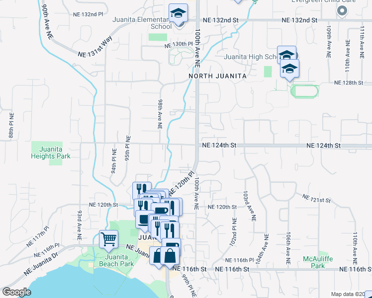 map of restaurants, bars, coffee shops, grocery stores, and more near 9907 Northeast 124th Street in Kirkland