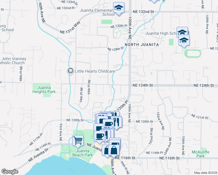 map of restaurants, bars, coffee shops, grocery stores, and more near 9807 Northeast 124th Street in Kirkland