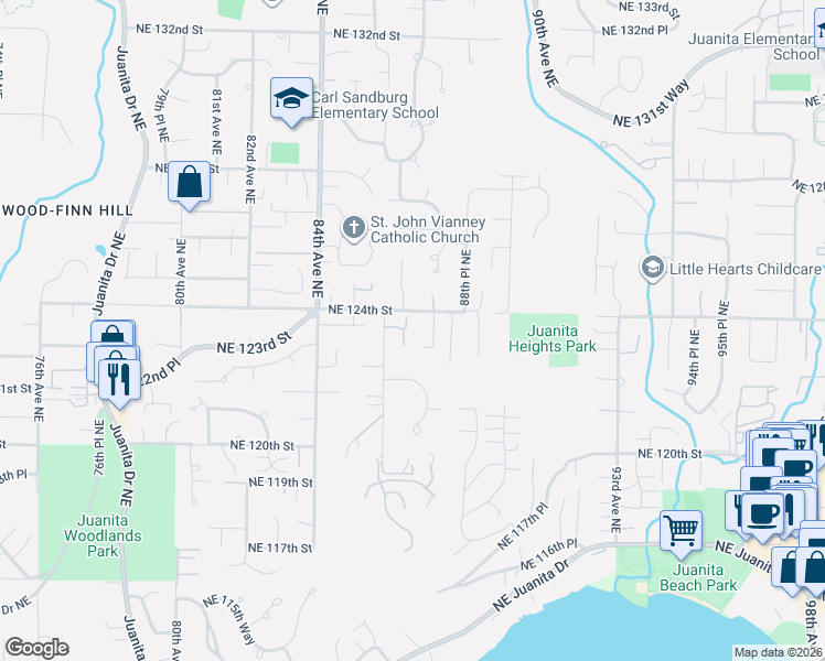 map of restaurants, bars, coffee shops, grocery stores, and more near 8668 Northeast 123rd Place in Kirkland