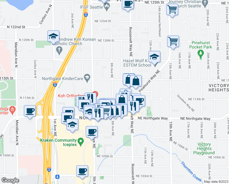 map of restaurants, bars, coffee shops, grocery stores, and more near 11147 8th Avenue Northeast in Seattle