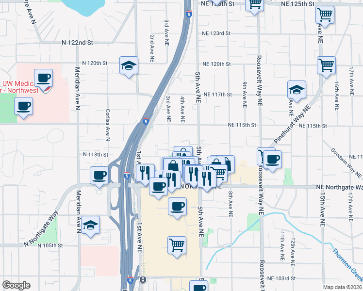map of restaurants, bars, coffee shops, grocery stores, and more near 11300 3rd Avenue Northeast in Seattle