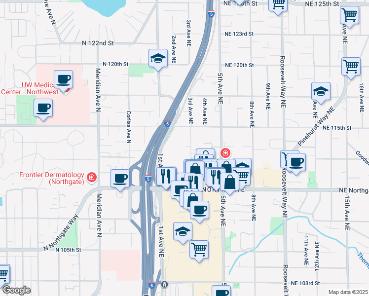 map of restaurants, bars, coffee shops, grocery stores, and more near 11301 3rd Avenue Northeast in Seattle