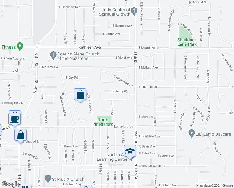 map of restaurants, bars, coffee shops, grocery stores, and more near 1400 Elderberry Circle in Coeur d'Alene