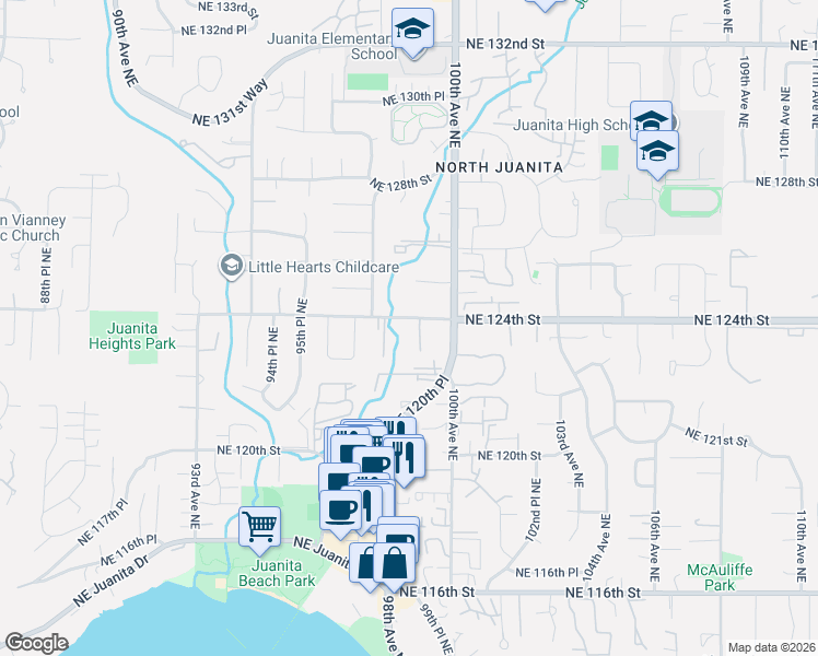 map of restaurants, bars, coffee shops, grocery stores, and more near 9907 Northeast 124th Street in Kirkland